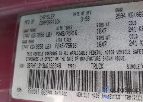 1998 Dodge Ram 1500 St из США, поврежденный, VIN 3B7HF13Y3WG192348